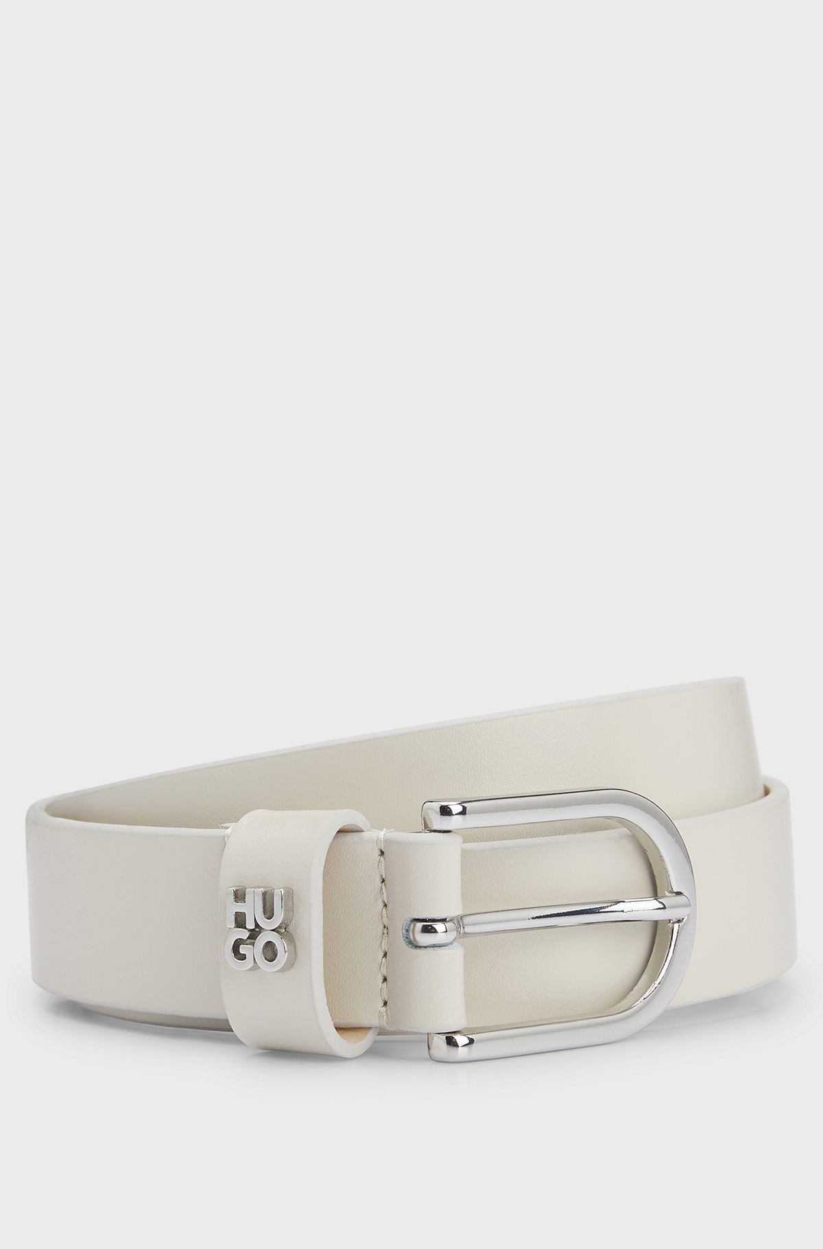 Italian-leather belt with stacked-logo hardware trim, Natural