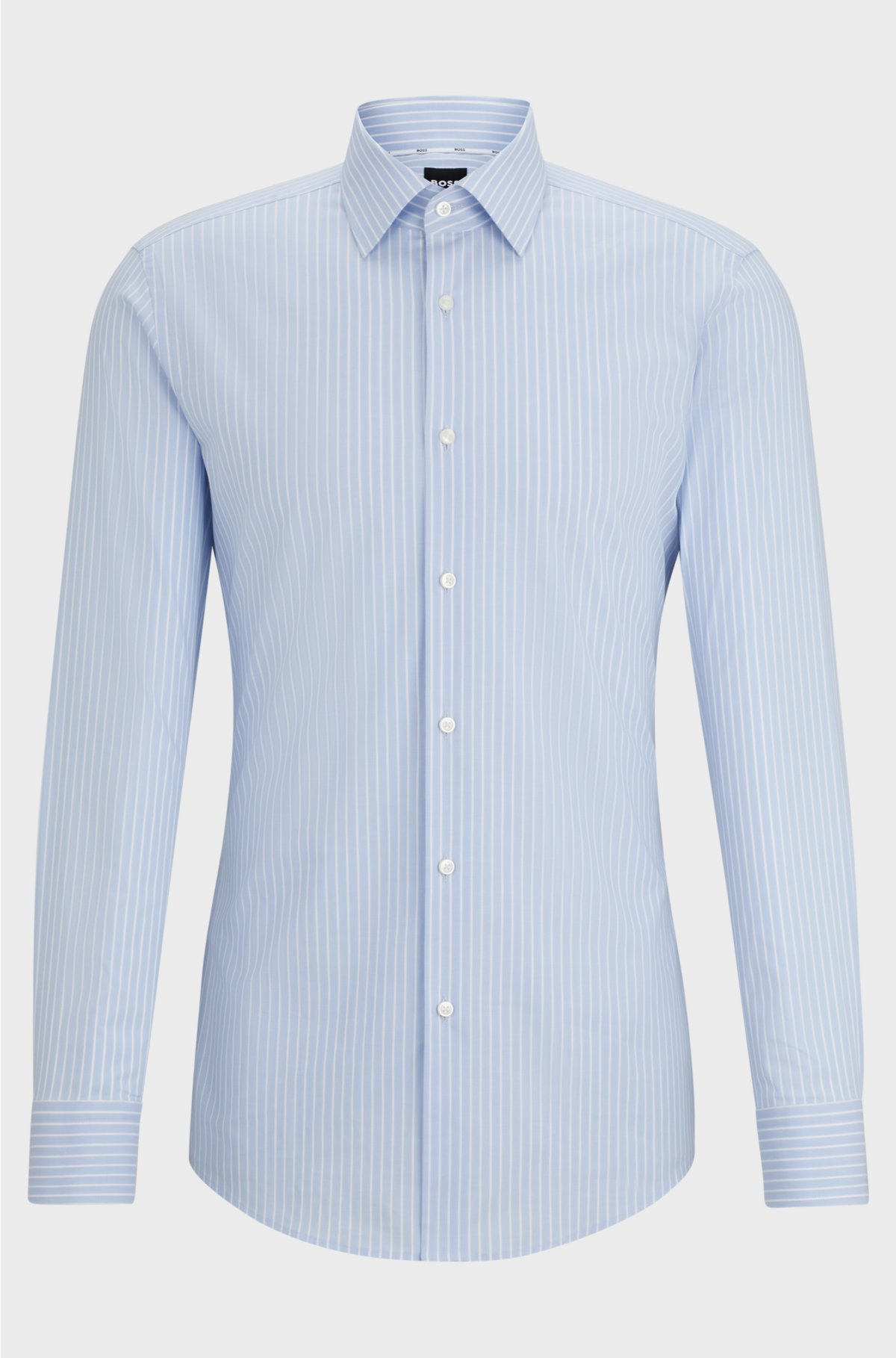 Slim-fit shirt in striped easy-iron stretch cotton, Light Blue
