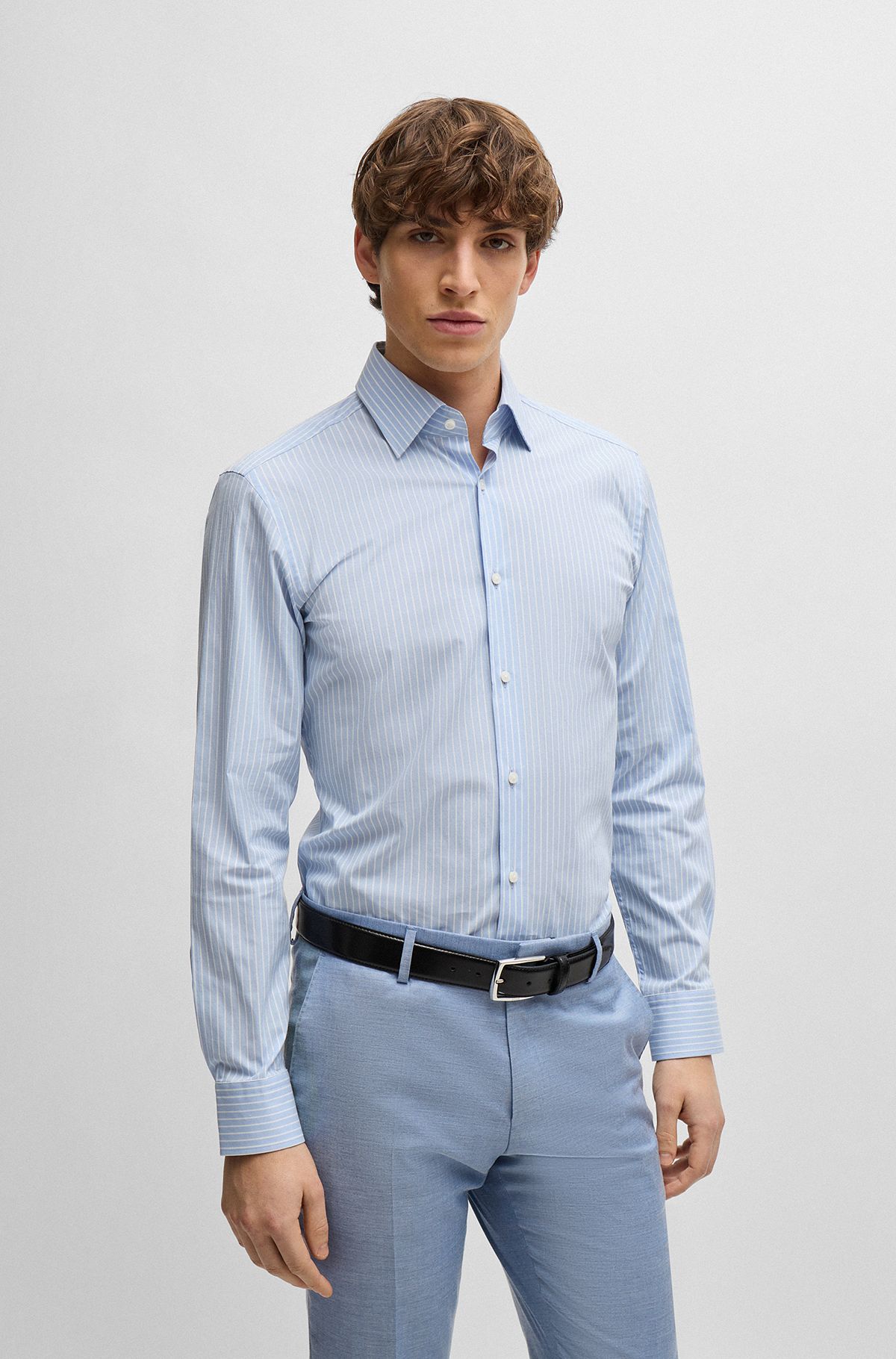 Slim-fit shirt in striped easy-iron stretch cotton, Light Blue