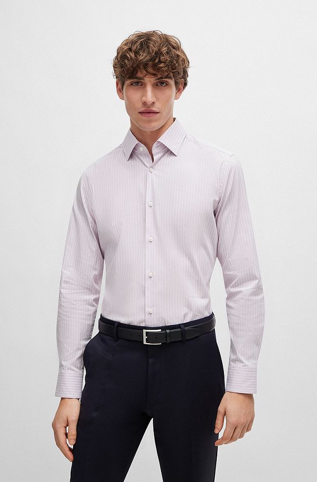 Slim-fit shirt in striped easy-iron stretch cotton, Light Purple