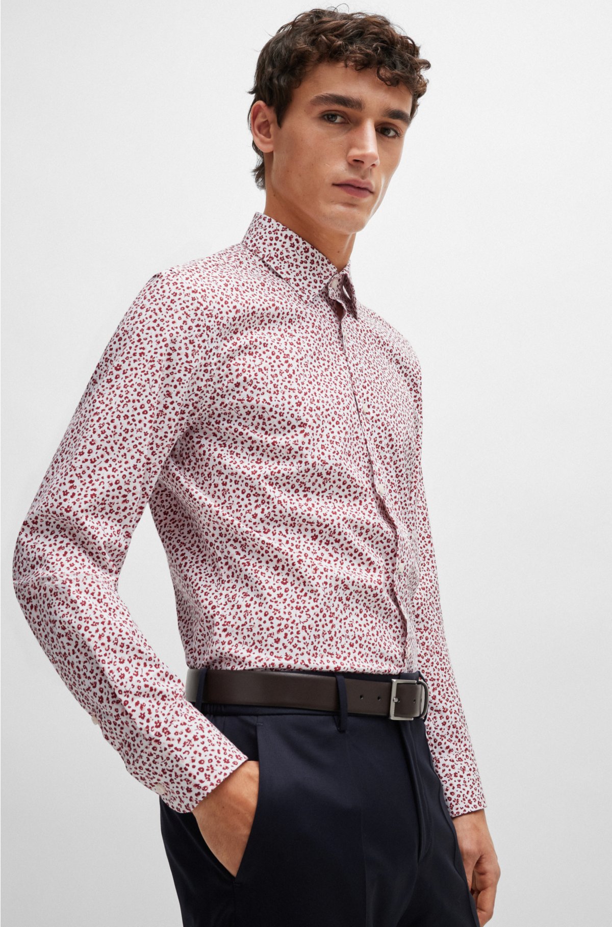 Slim-fit shirt in floral-print stretch-cotton poplin, Light Brown