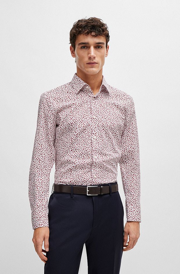Slim-fit shirt in floral-print stretch-cotton poplin, Light Brown