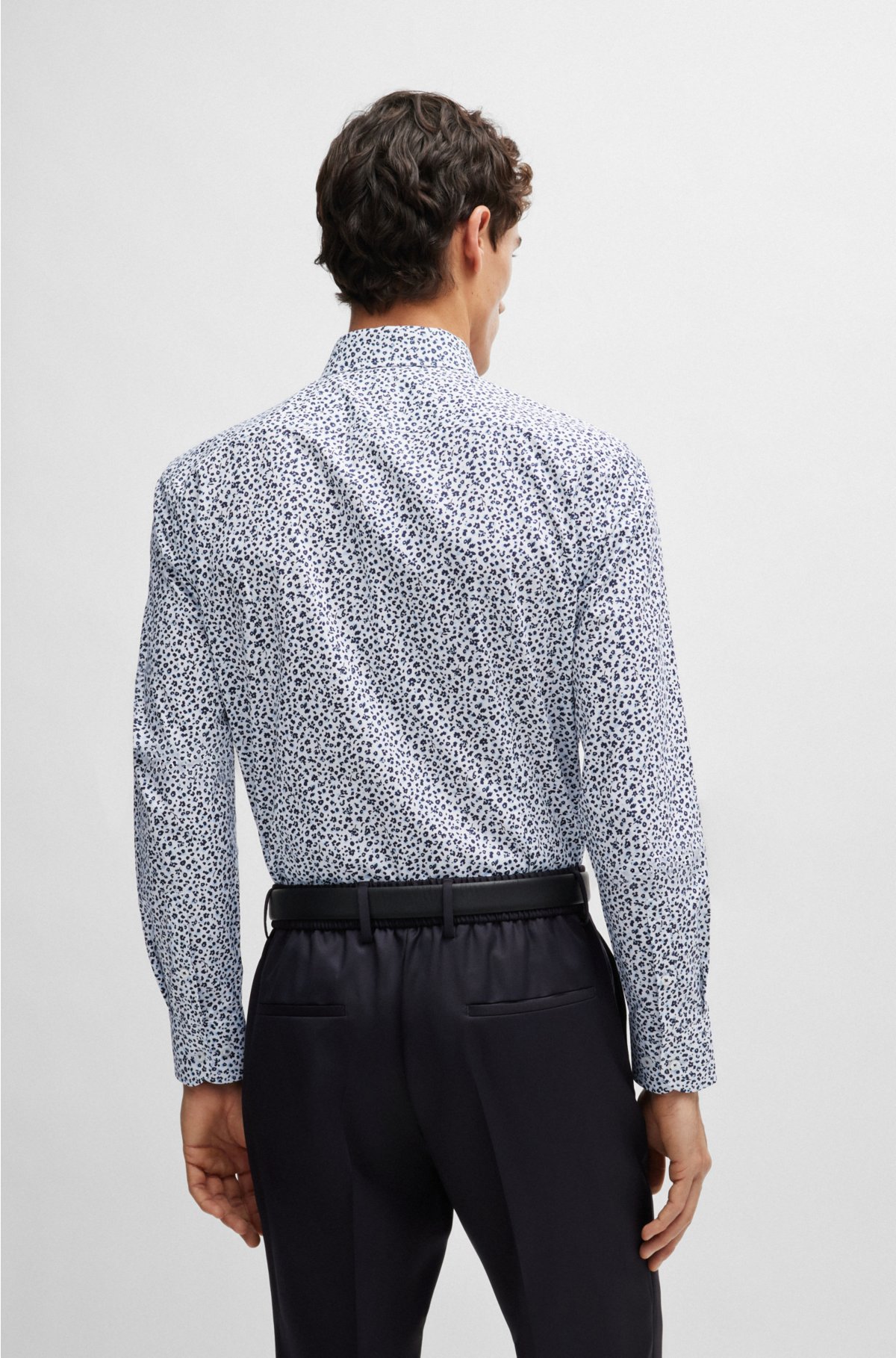 Slim-fit shirt in floral-print stretch-cotton poplin, Dark Blue