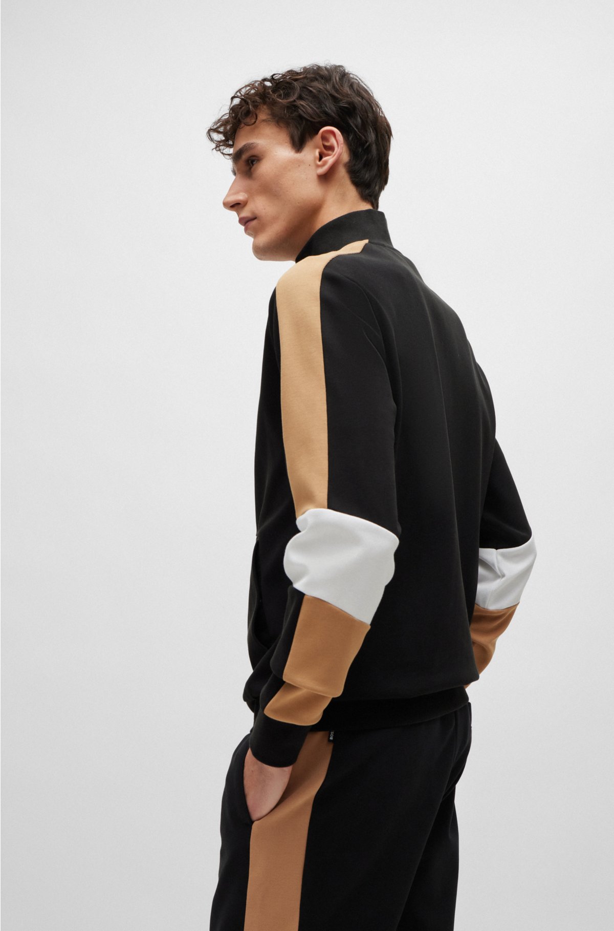 Cotton-blend zip-up sweatshirt with colour-blocking, Black