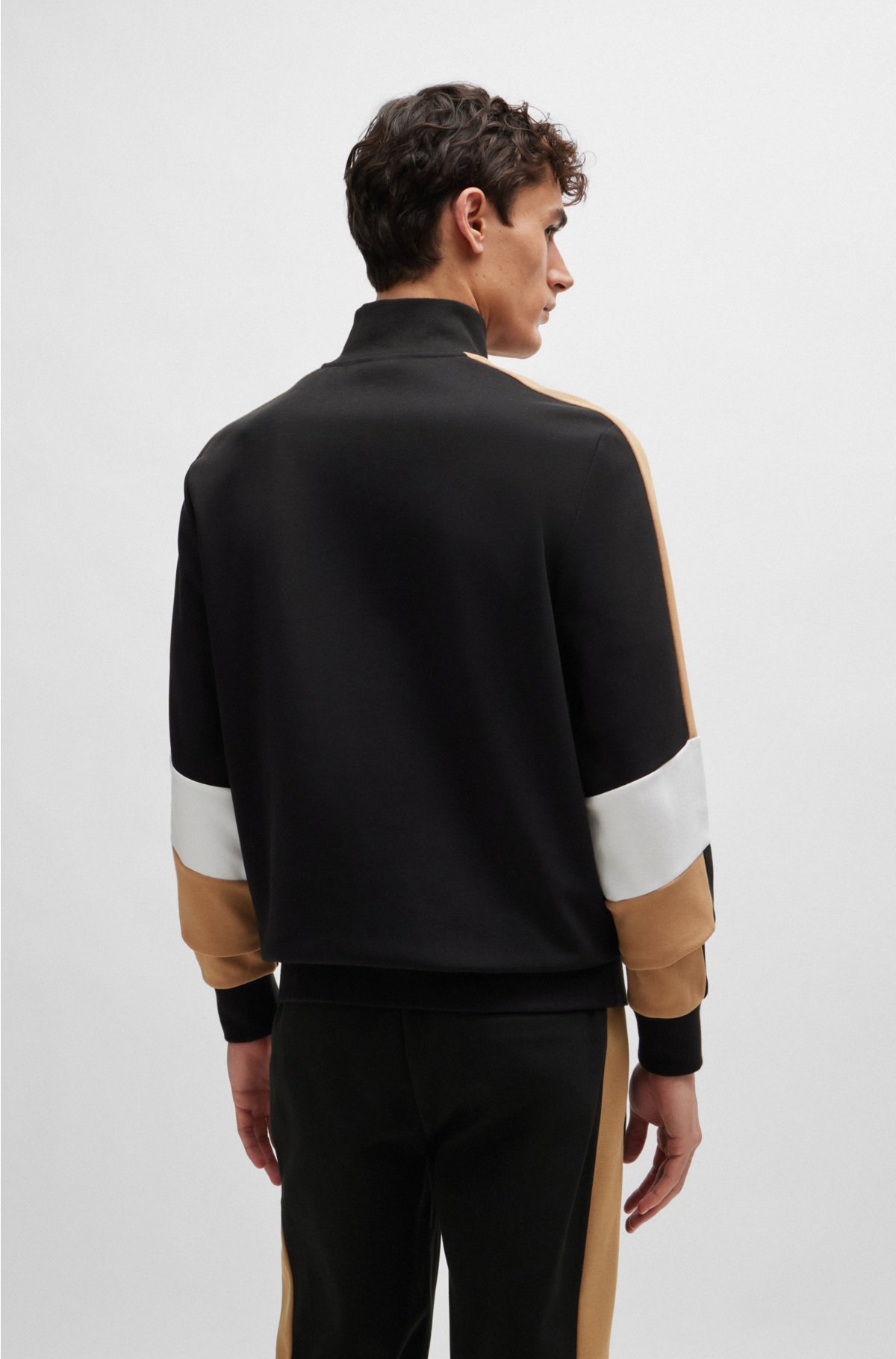 Cotton-blend zip-up sweatshirt with colour-blocking, Black