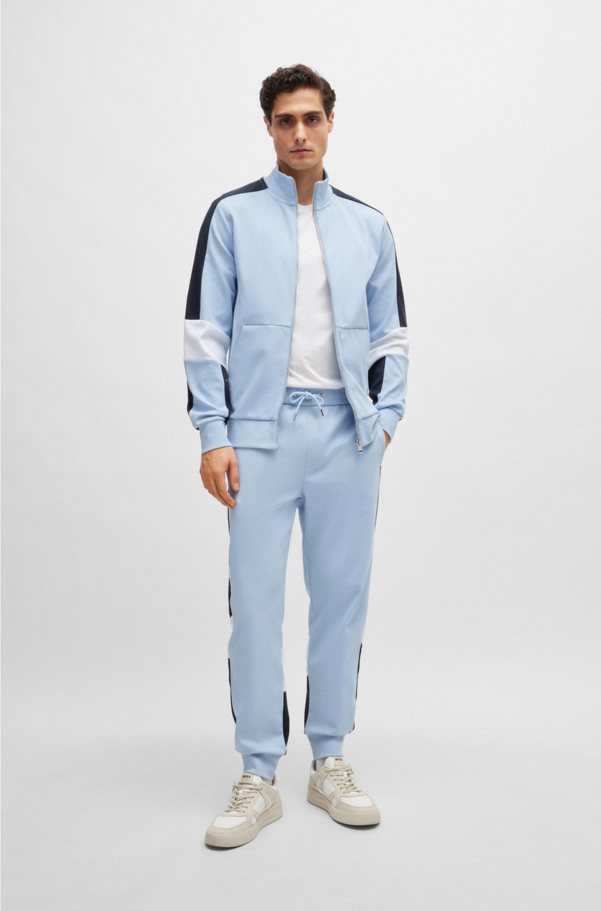 Cotton-blend zip-up sweatshirt with colour-blocking, Light Blue
