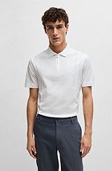 Zip-neck polo shirt in stretch cotton, White