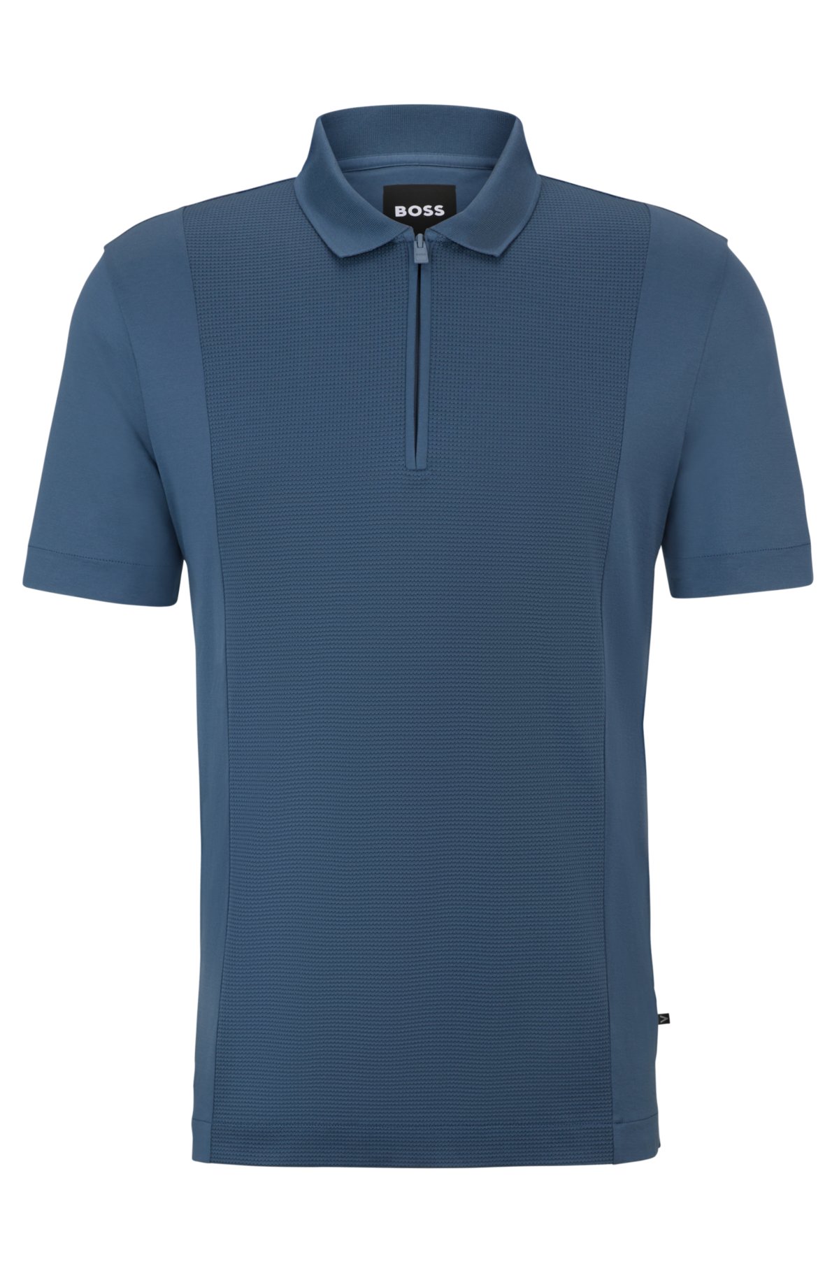 Zip-neck polo shirt in stretch cotton, Blue