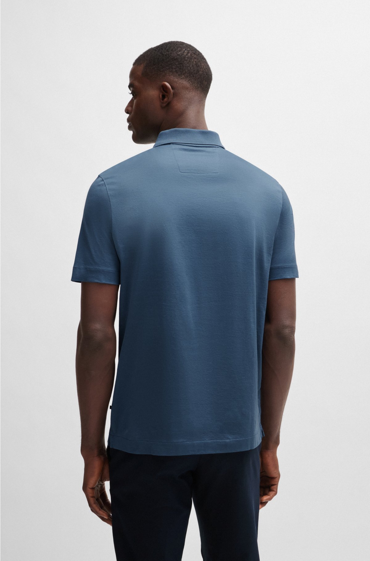 Zip-neck polo shirt in stretch cotton, Blue