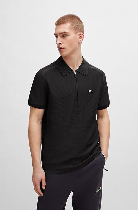Short-sleeved zip-neck polo sweater with logo detail, Dark Grey