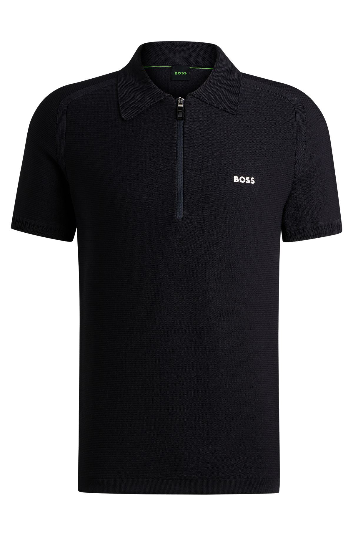 Short-sleeved zip-neck polo sweater with logo detail, Dark Blue