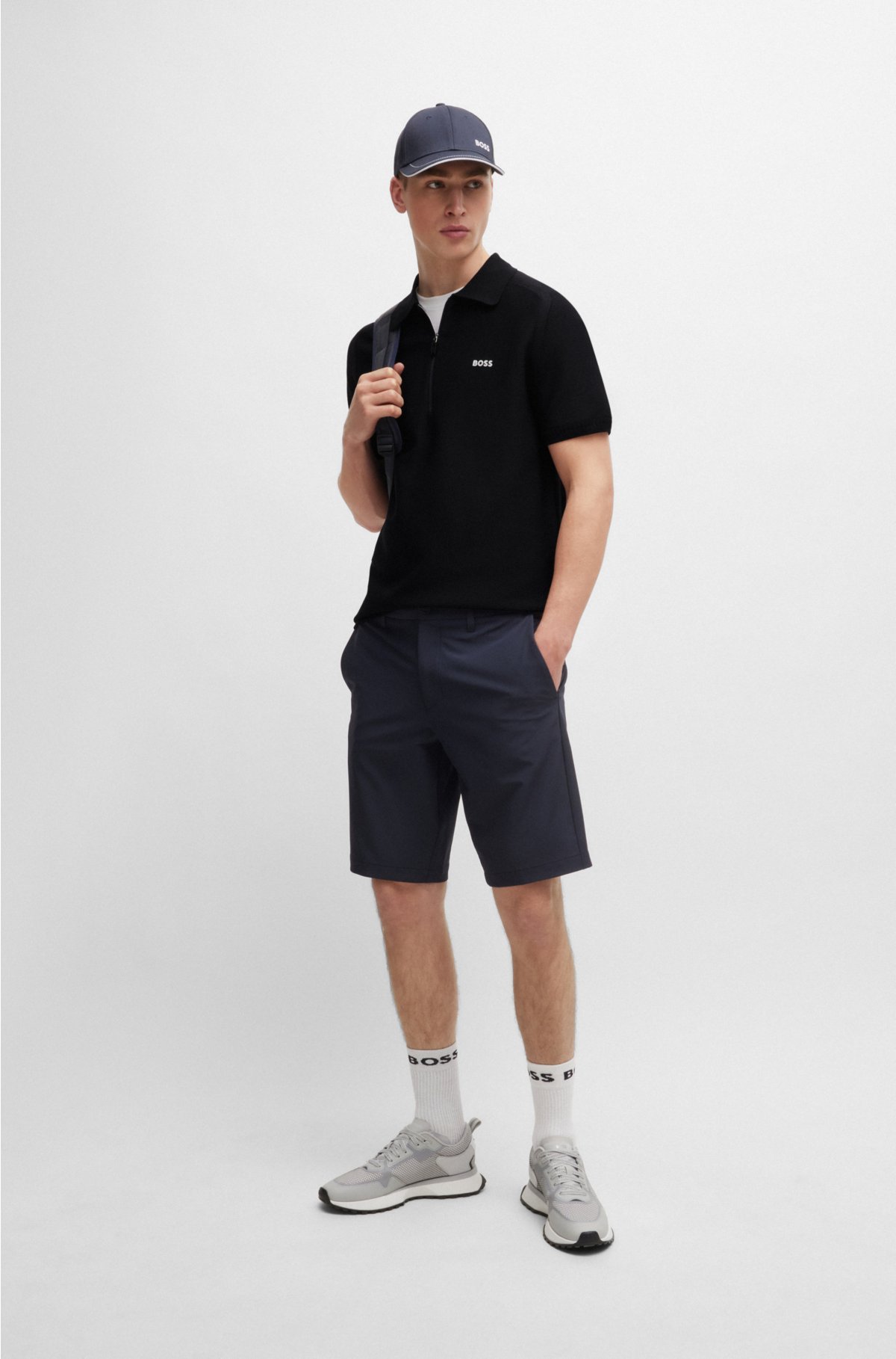 Short-sleeved zip-neck polo sweater with logo detail, Dark Blue