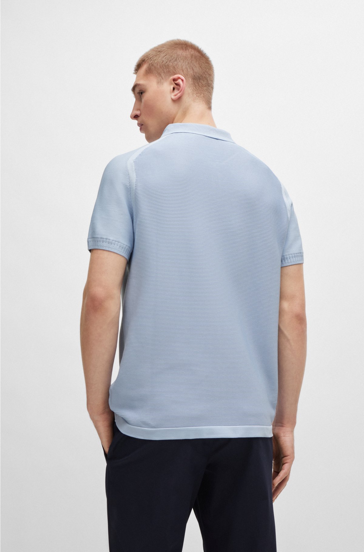 Short-sleeved zip-neck polo sweater with logo detail, Light Blue