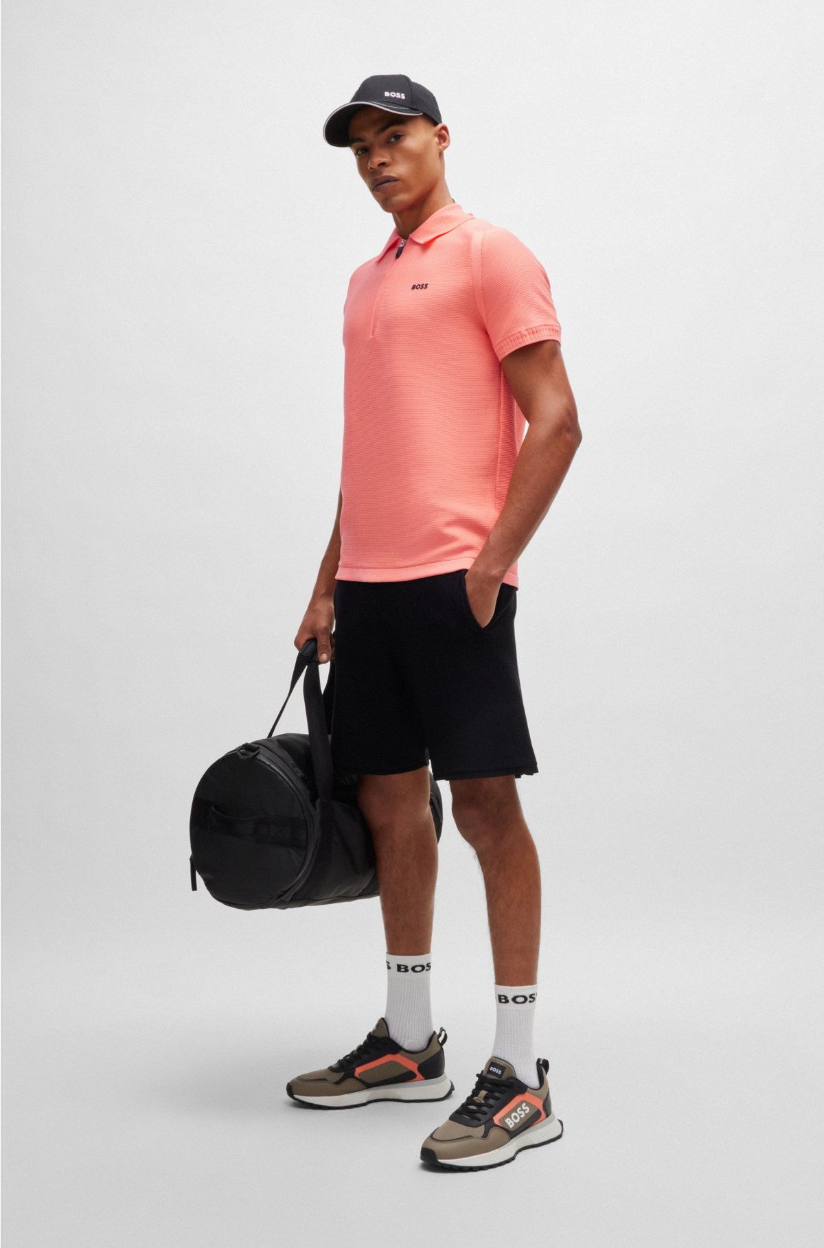 Short-sleeved zip-neck polo sweater with logo detail, Coral