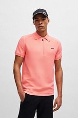 Short-sleeved zip-neck polo sweater with logo detail, Coral