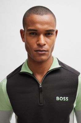 BOSS Cottonblend zipneck sweater with embroidered logos