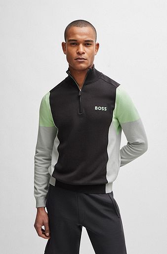 Cotton-blend zip-neck sweater with embroidered logos, Dark Grey