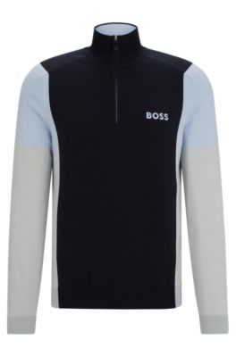 BOSS Cotton blend zip neck sweater with embroidered logos