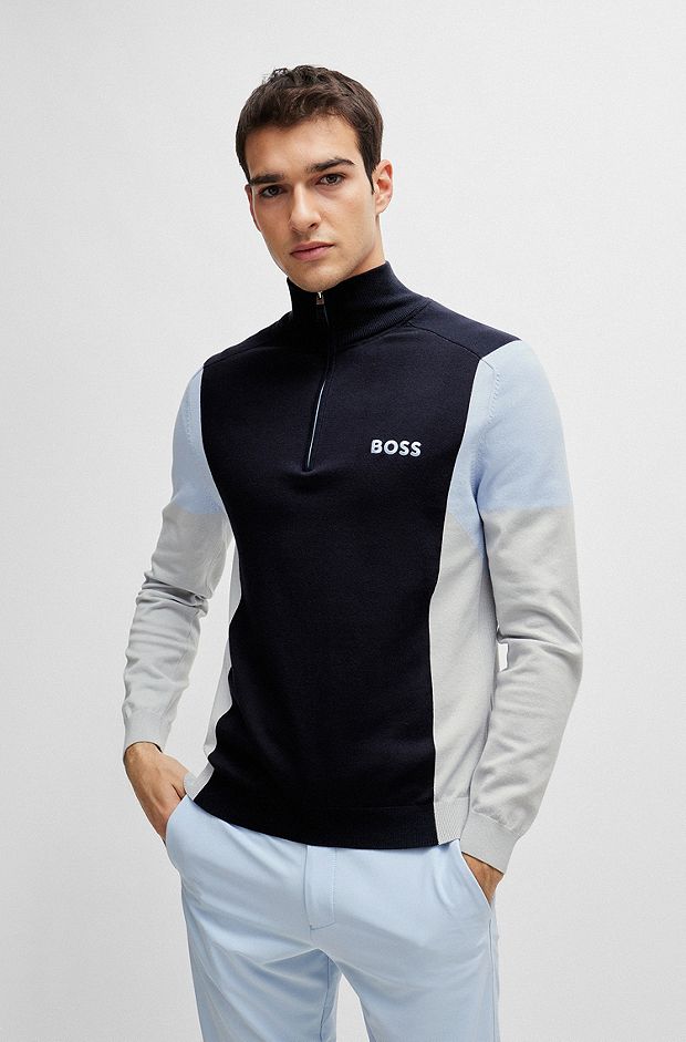 Cotton-blend zip-neck sweater with embroidered logos, Dark Blue