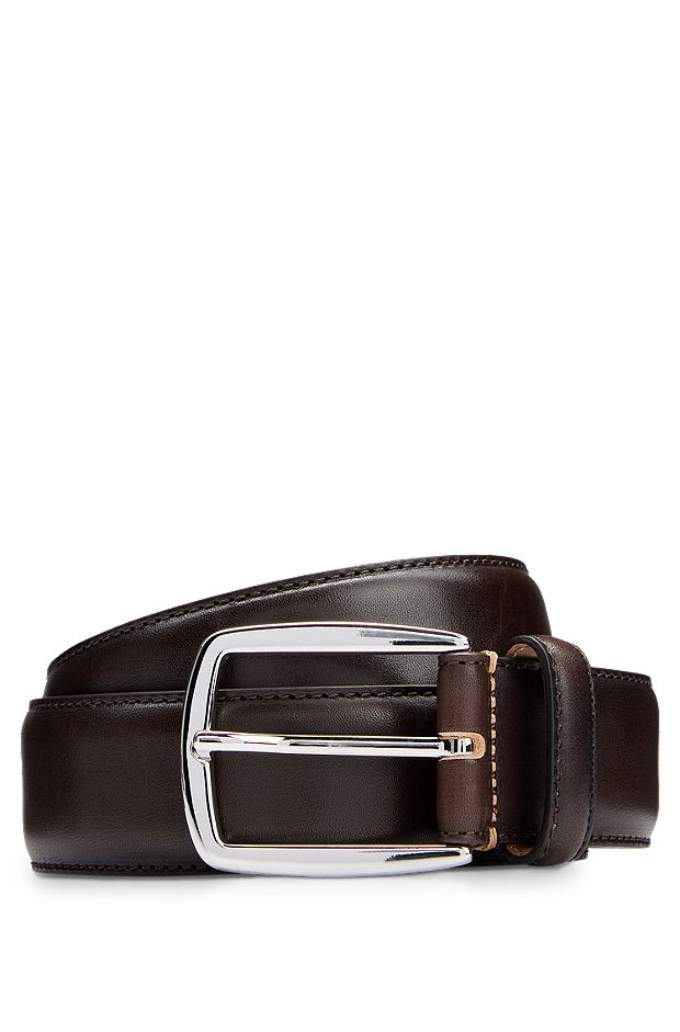 Cinturón de piel italiana con hebilla de tono plateado, Marrón oscuro