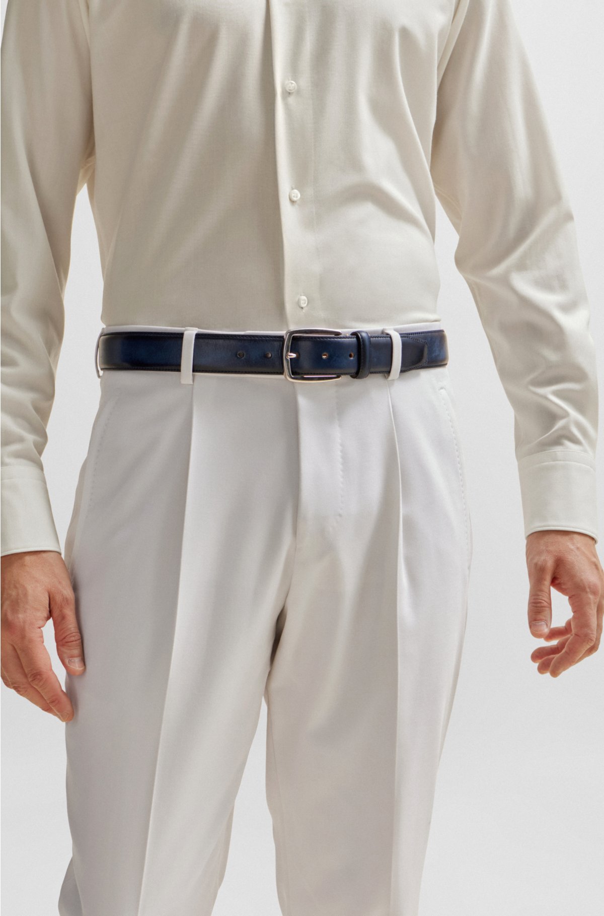 Italian-leather belt with silver-tone pin buckle, Dark Blue