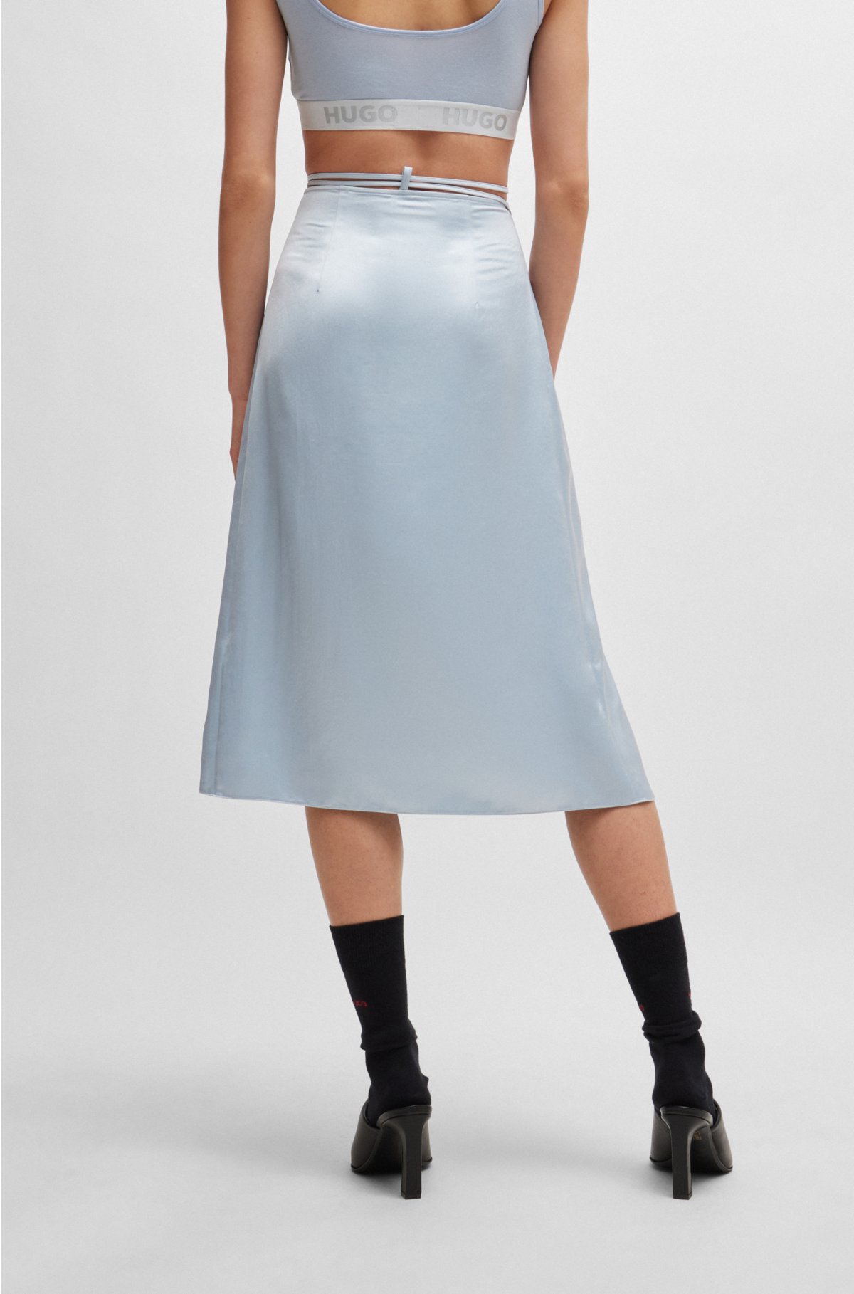 Tie-waist knee-length wrap skirt in satin, Light Blue