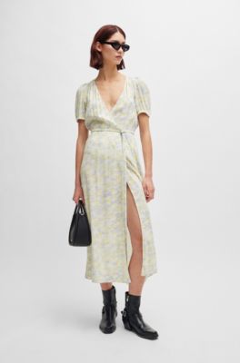 Wrap-front dress in printed fabric, Patterned