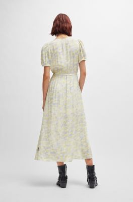 Wrap-front dress in printed fabric, Patterned