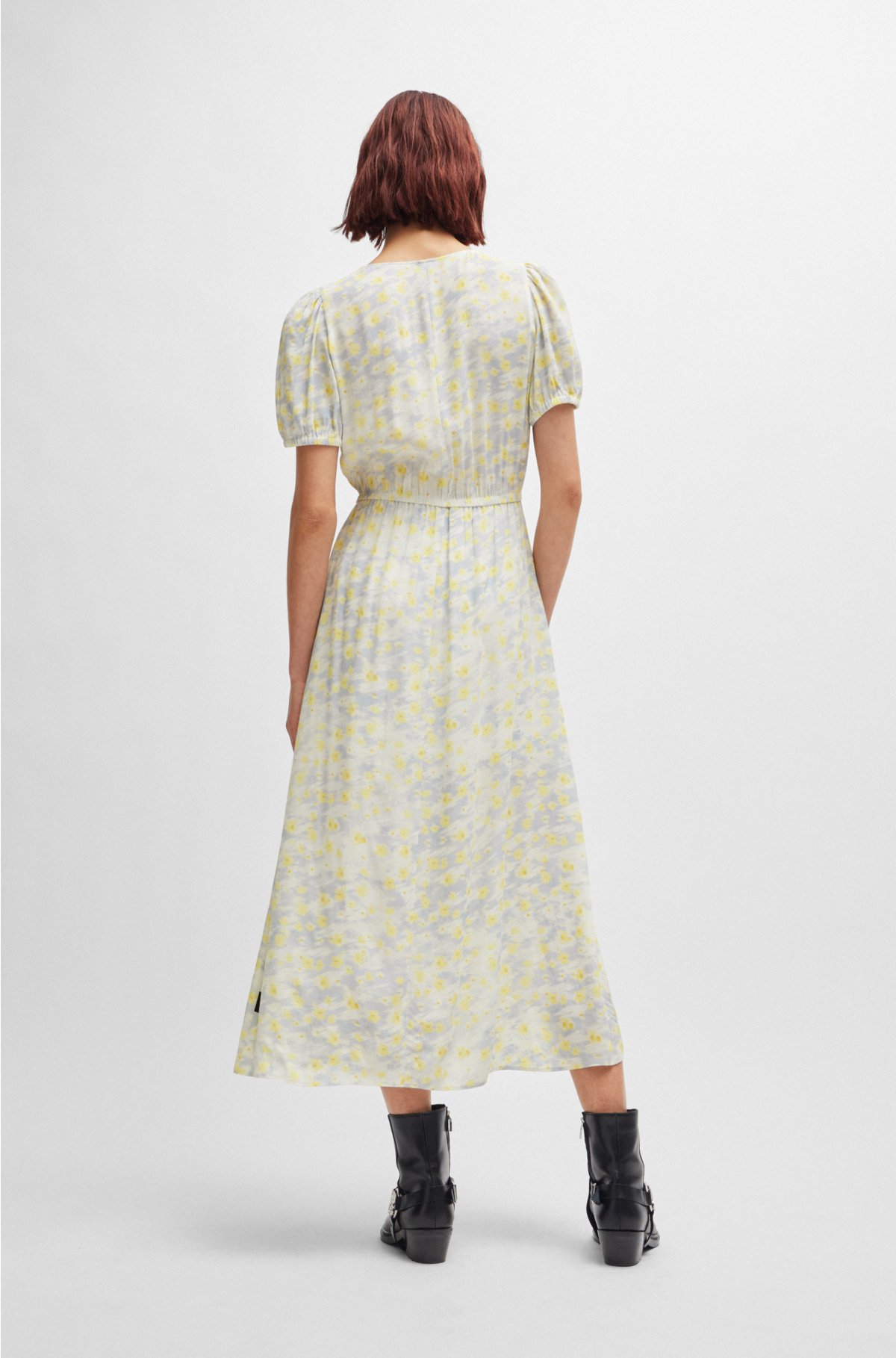 Wrap-front dress in printed fabric, Patterned