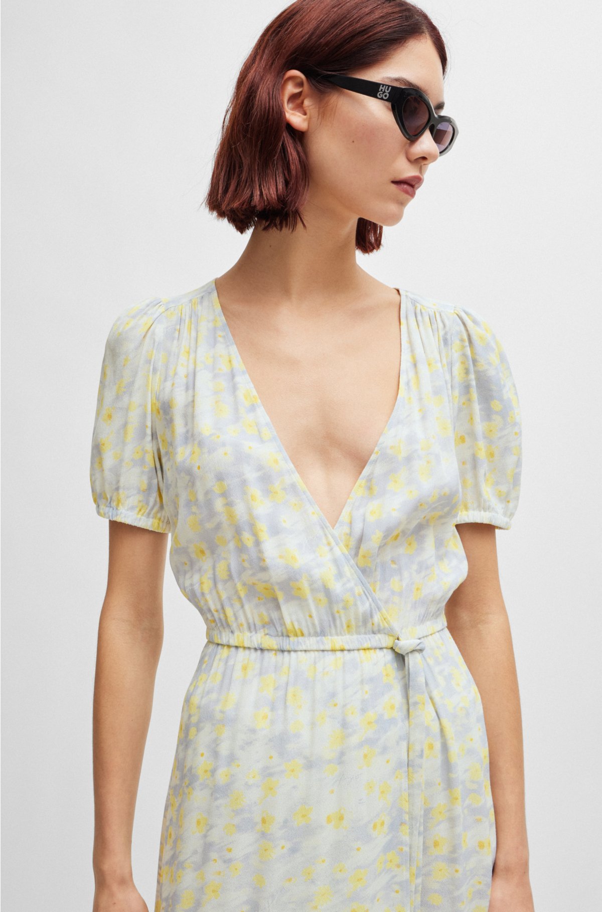 Wrap-front dress in printed fabric, Patterned