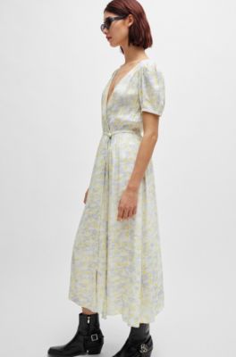 Wrap-front dress in printed fabric, Patterned