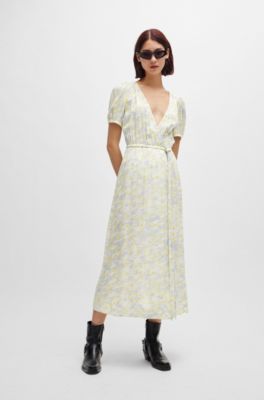 Wrap-front dress in printed fabric, Patterned