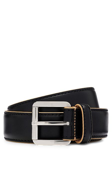 Cinturón de piel italiana con pespuntes en contraste y costuras, Negro