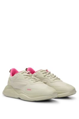 HUGO - Mixed-material trainers with contrast logos - Beige