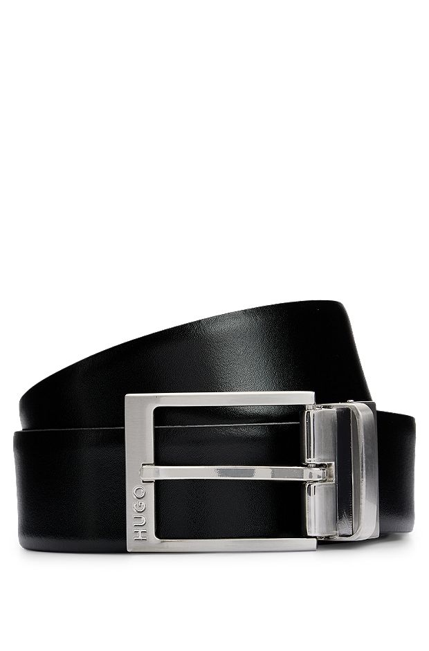 Reversible Italian-leather belt with branded buckle, Black