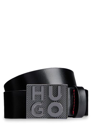 Italian-leather belt with stacked-logo plaque buckle, Black
