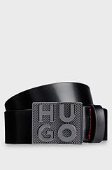 Italian-leather belt with stacked-logo plaque buckle, Black
