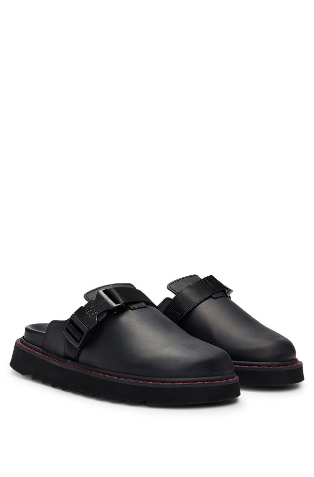 Leather slip-on shoes with branded buckle, Black