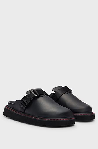 Leather slip-on shoes with branded buckle, Black