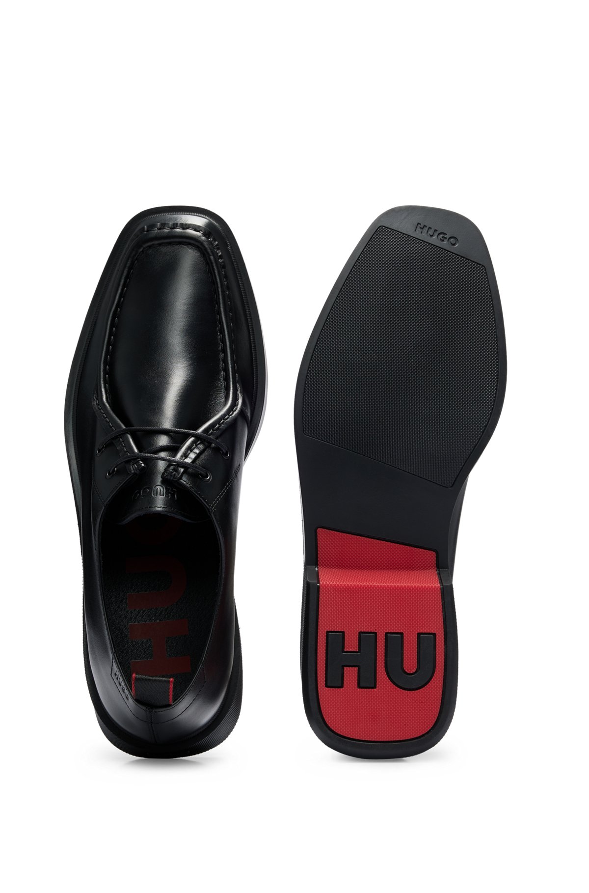 Leather Derby shoes designed in Portugal with embossed logos, Black