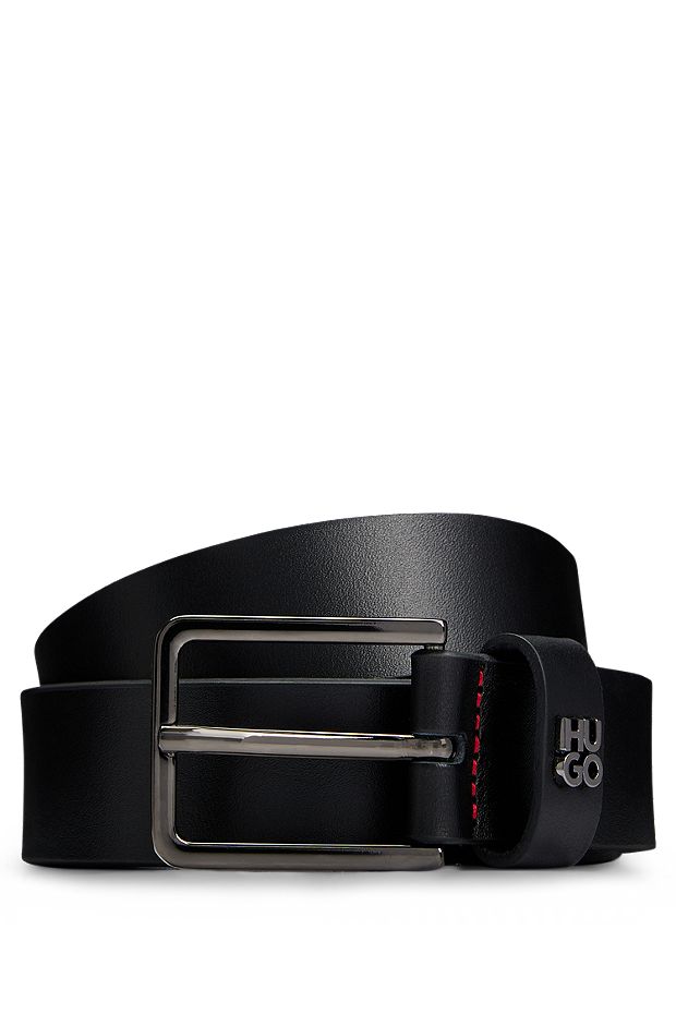 Ledergürtel mit Stack-Logo auf der Schlaufe und polierten Metalldetails, Schwarz