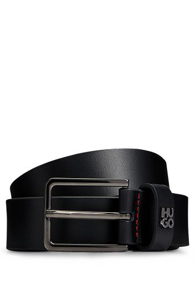 Кожаный ремень с компактным логотипом на кипере и полированной отделкой, Черный