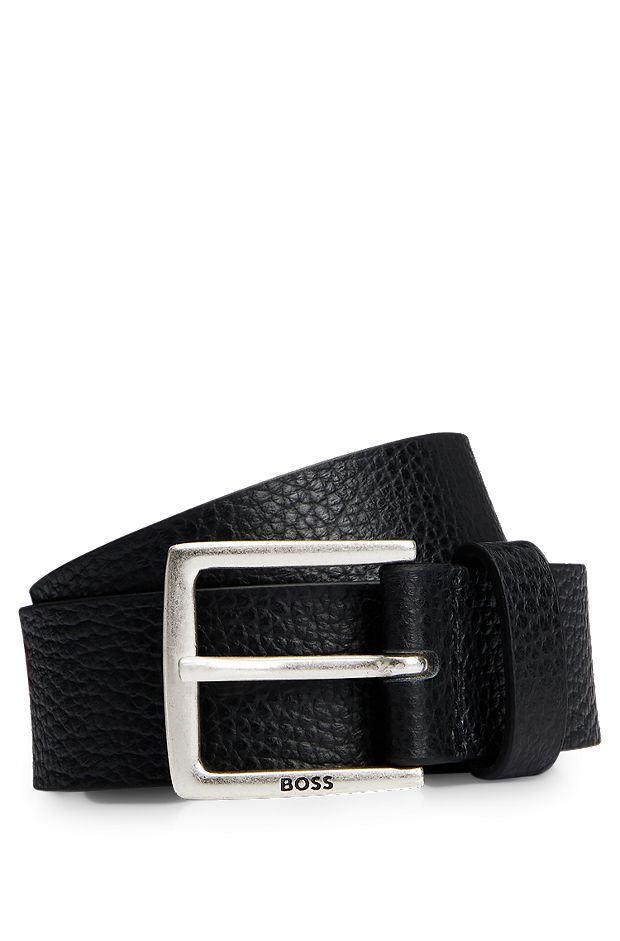 Cinturón de piel italiana granulada y hebilla con logo, Negro