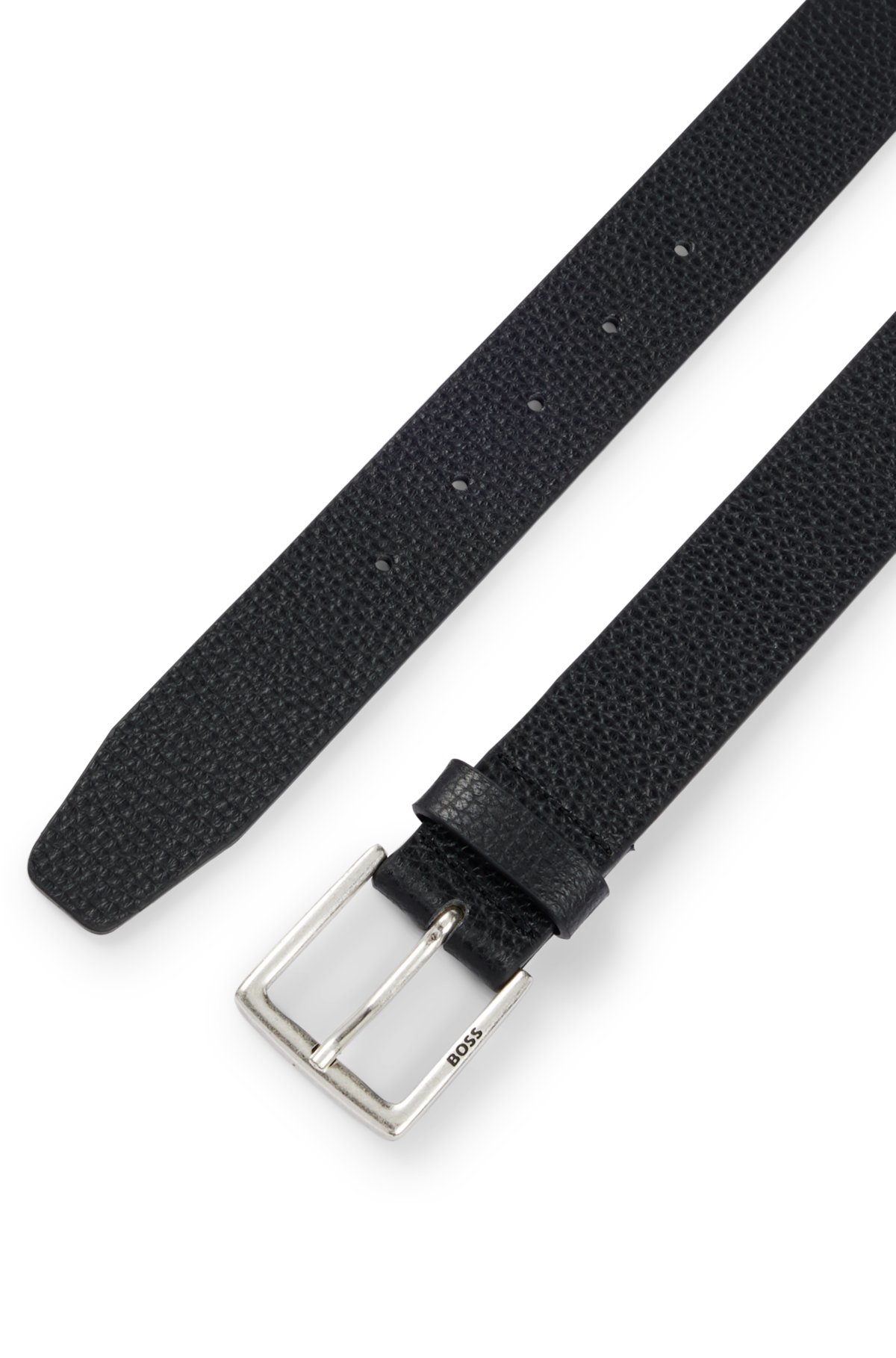 Grained Italian-leather belt with logo buckle, Black