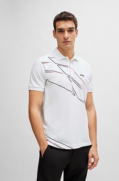 Active-stretch cotton-blend polo shirt with seasonal artwork, White