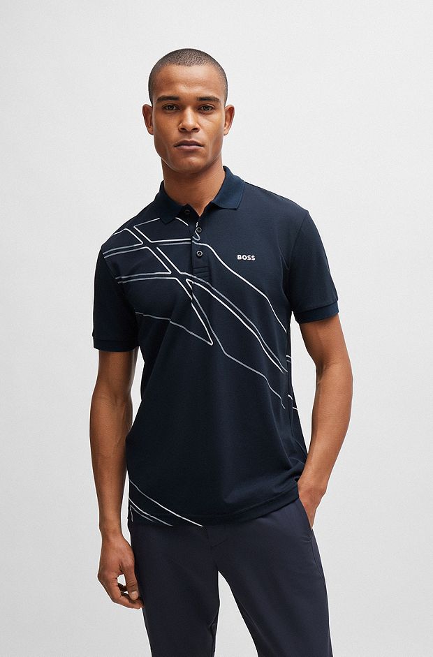 Active-stretch cotton-blend polo shirt with seasonal artwork, Dark Blue