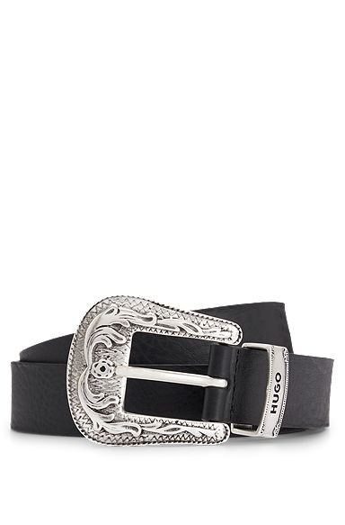 Italian-leather belt with ornate buckle, keeper and tip, Black
