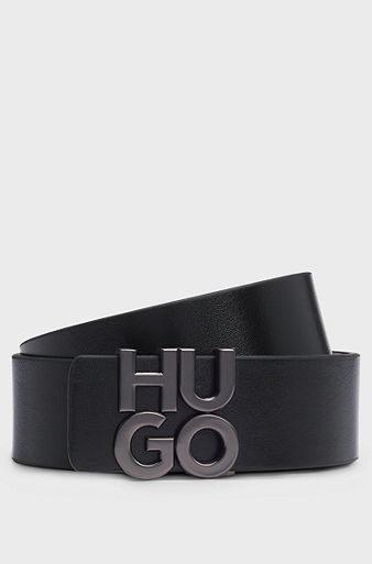 Italian-leather belt with stacked-logo buckle, Black