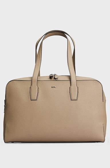 Zipped holdall in grained leather with logo lettering, Light Beige