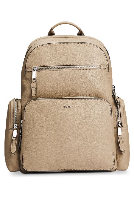 Grained-leather backpack with logo lettering, Light Beige